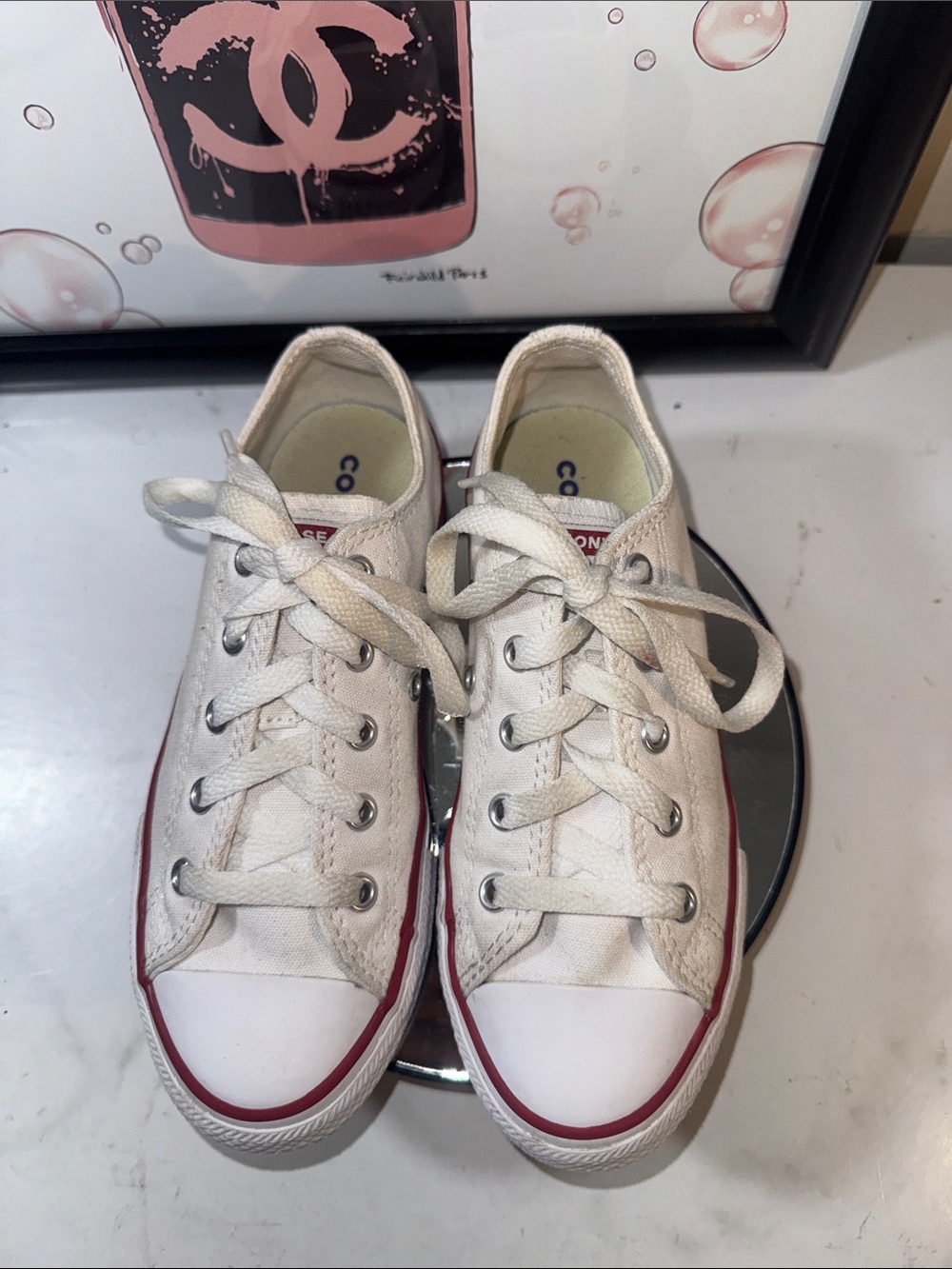 Converse Kids Low-Top Canvas Sneakers in White with Red Stripe - Youth Size 1